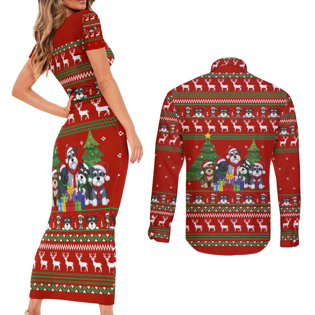 Miniature Schnauzer Family Snow Christmas Couples Matching Short Sleeve Bodycon Dress and Long Sleeve Button Shirt Xmas Holiday Patterns - Wonder Print Shop