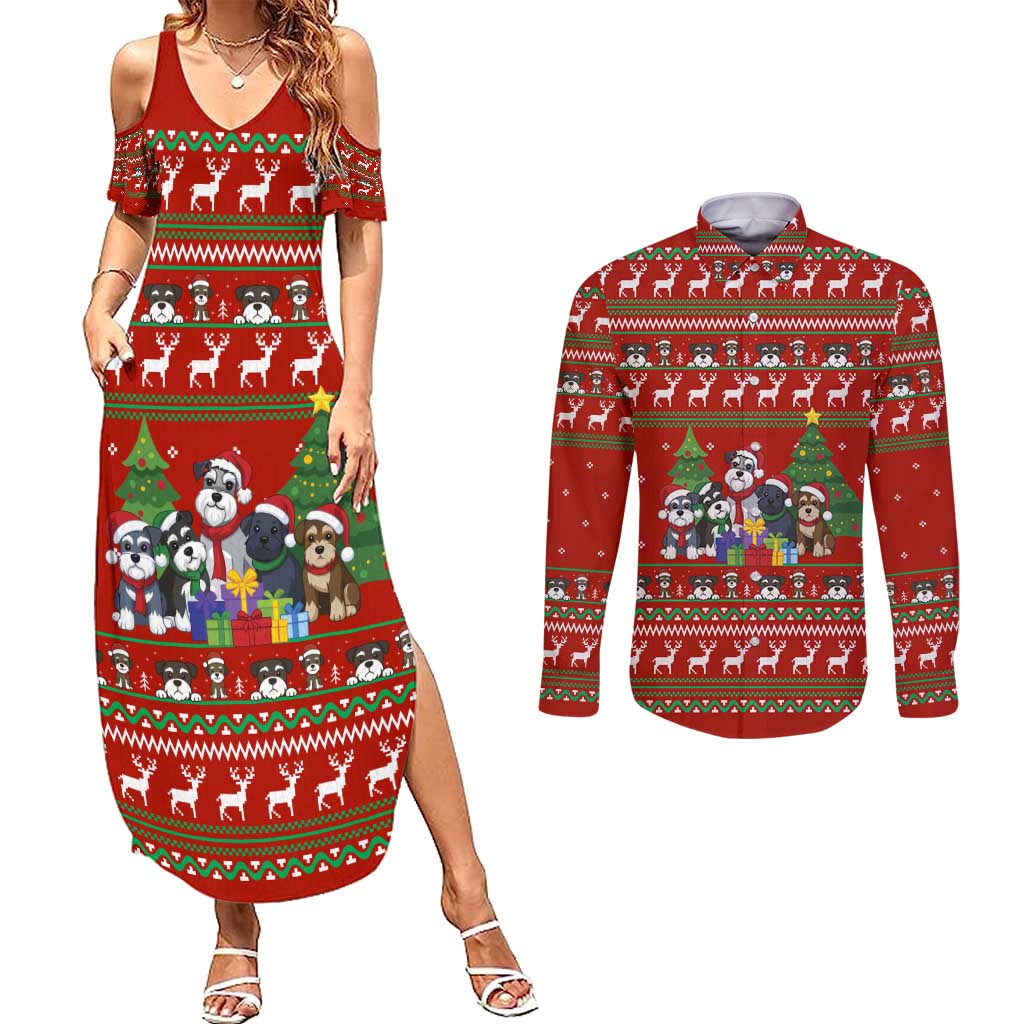 Miniature Schnauzer Family Snow Christmas Couples Matching Summer Maxi Dress and Long Sleeve Button Shirt Xmas Holiday Patterns - Wonder Print Shop