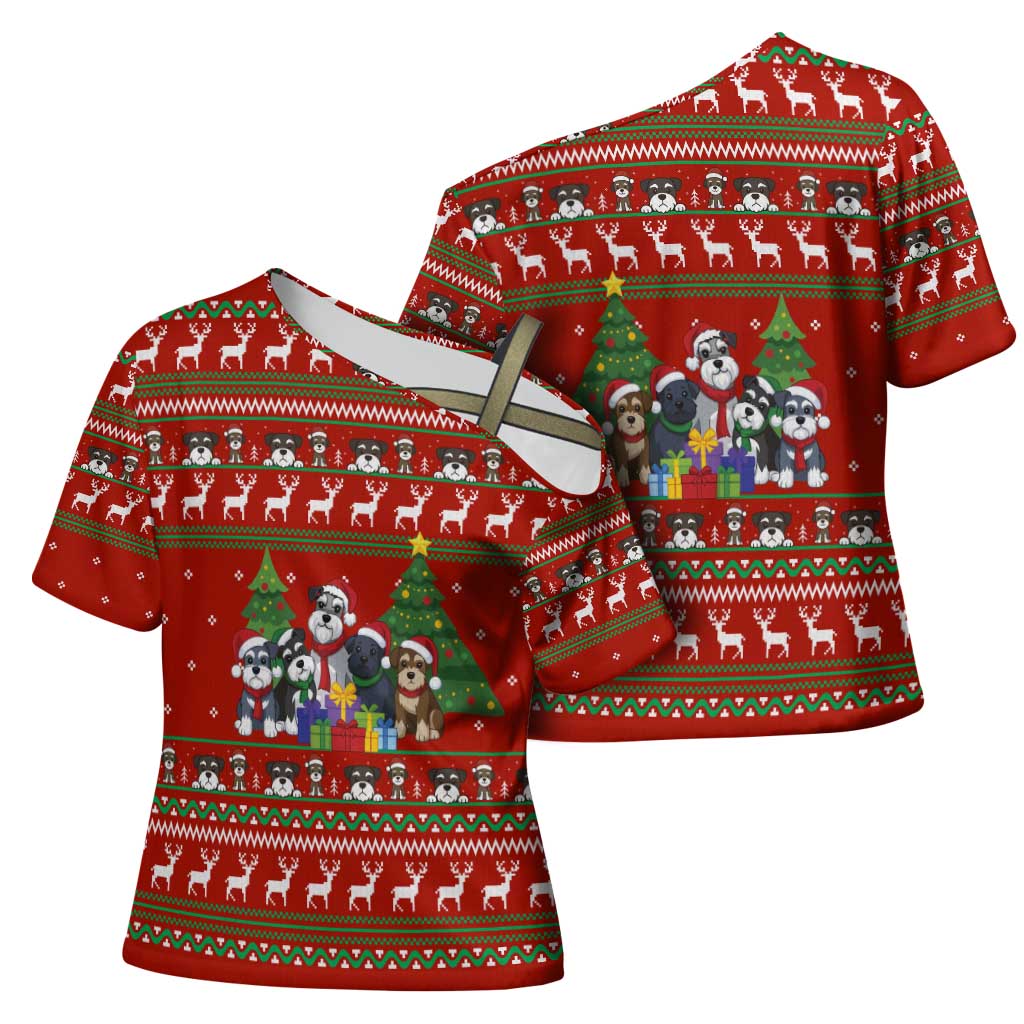 Miniature Schnauzer Family Snow Christmas Cross Shoulder Shirt Xmas Holiday Patterns - Wonder Print Shop