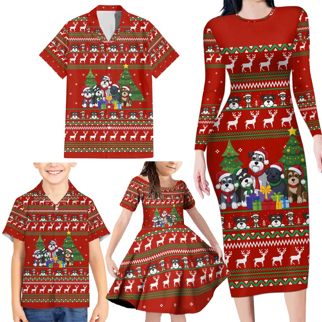 Miniature Schnauzer Family Snow Christmas Family Matching Long Sleeve Bodycon Dress and Hawaiian Shirt Xmas Holiday Patterns - Wonder Print Shop