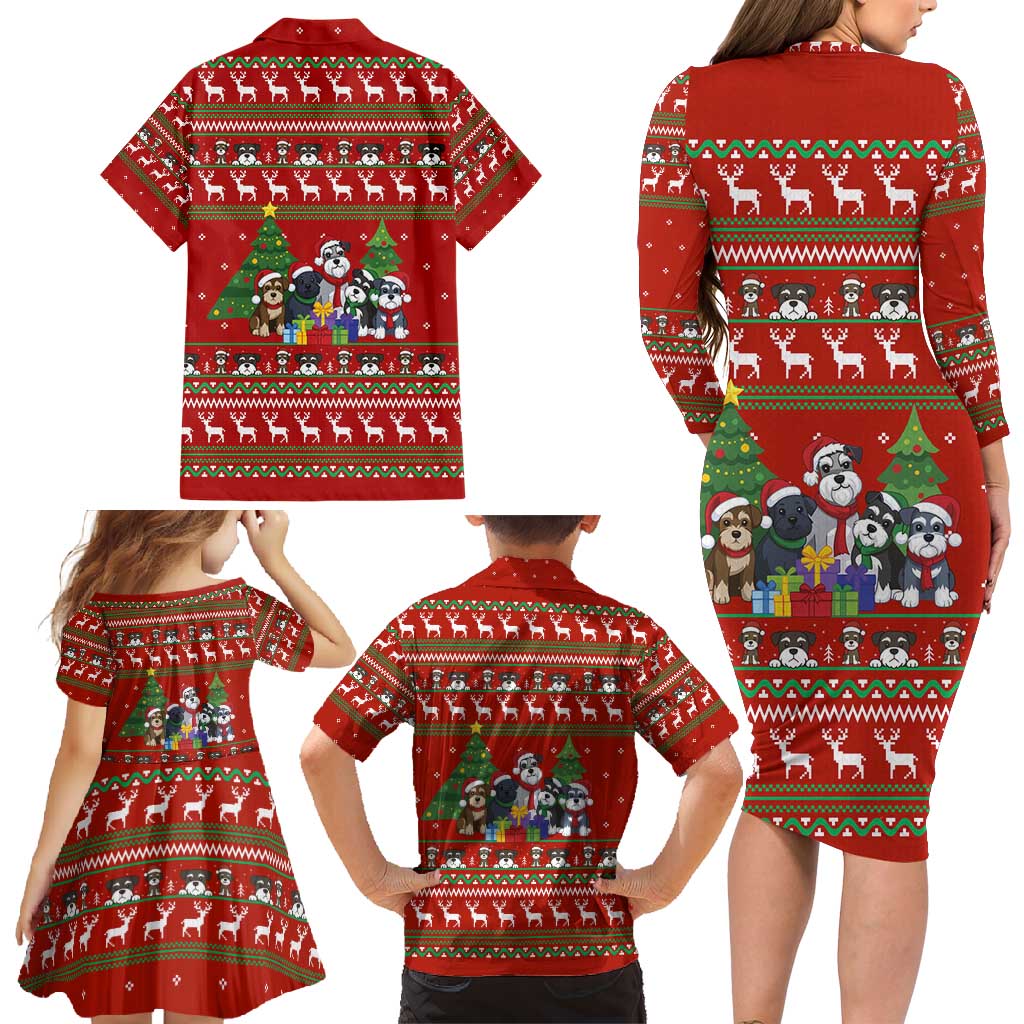 Miniature Schnauzer Family Snow Christmas Family Matching Long Sleeve Bodycon Dress and Hawaiian Shirt Xmas Holiday Patterns - Wonder Print Shop