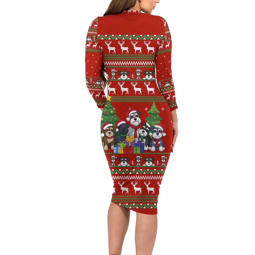 Miniature Schnauzer Family Snow Christmas Family Matching Long Sleeve Bodycon Dress and Hawaiian Shirt Xmas Holiday Patterns - Wonder Print Shop