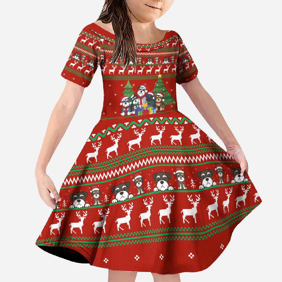 Miniature Schnauzer Family Snow Christmas Family Matching Off The Shoulder Long Sleeve Dress and Hawaiian Shirt Xmas Holiday Patterns - Wonder Print Shop