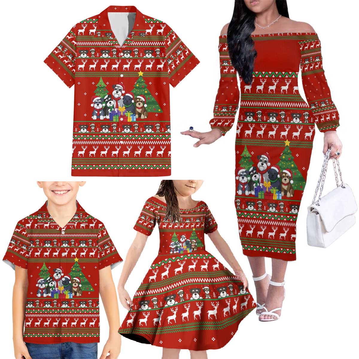 Miniature Schnauzer Family Snow Christmas Family Matching Off The Shoulder Long Sleeve Dress and Hawaiian Shirt Xmas Holiday Patterns - Wonder Print Shop