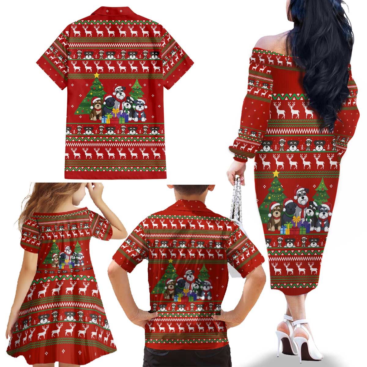 Miniature Schnauzer Family Snow Christmas Family Matching Off The Shoulder Long Sleeve Dress and Hawaiian Shirt Xmas Holiday Patterns - Wonder Print Shop