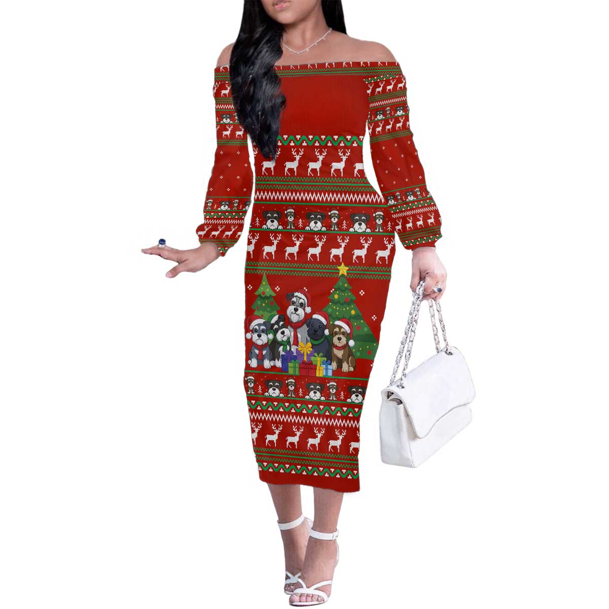 Miniature Schnauzer Family Snow Christmas Family Matching Off The Shoulder Long Sleeve Dress and Hawaiian Shirt Xmas Holiday Patterns - Wonder Print Shop