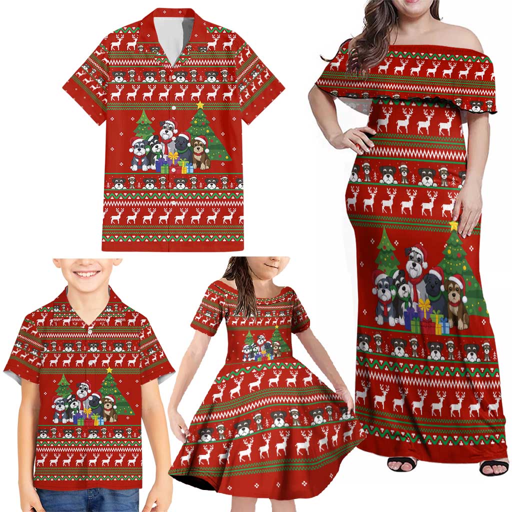 Miniature Schnauzer Family Snow Christmas Family Matching Off Shoulder Maxi Dress and Hawaiian Shirt Xmas Holiday Patterns - Wonder Print Shop