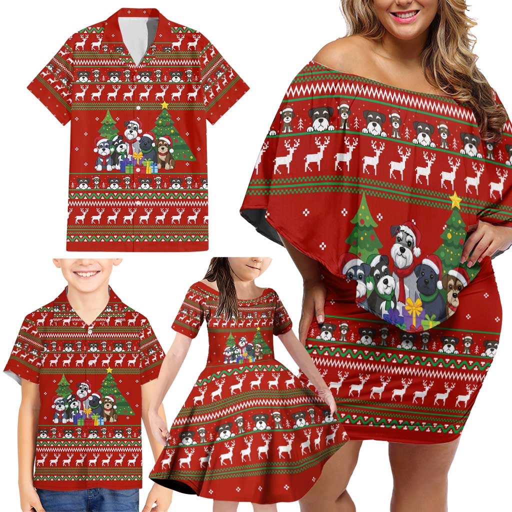 Miniature Schnauzer Family Snow Christmas Family Matching Off Shoulder Short Dress and Hawaiian Shirt Xmas Holiday Patterns - Wonder Print Shop
