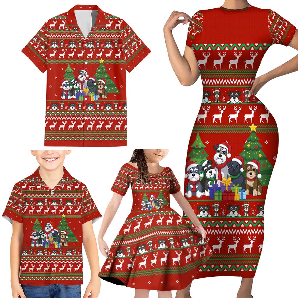 Miniature Schnauzer Family Snow Christmas Family Matching Short Sleeve Bodycon Dress and Hawaiian Shirt Xmas Holiday Patterns - Wonder Print Shop