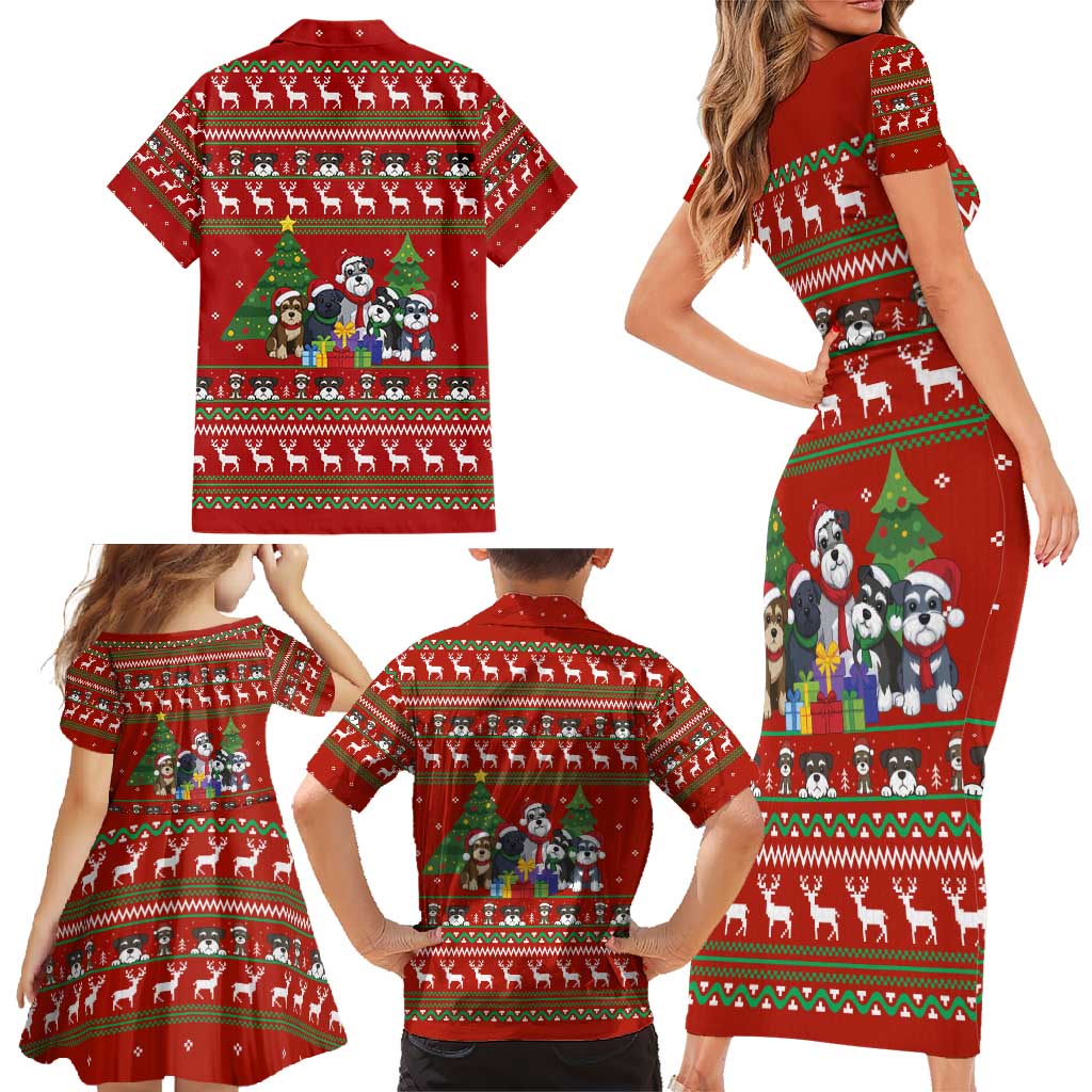 Miniature Schnauzer Family Snow Christmas Family Matching Short Sleeve Bodycon Dress and Hawaiian Shirt Xmas Holiday Patterns - Wonder Print Shop