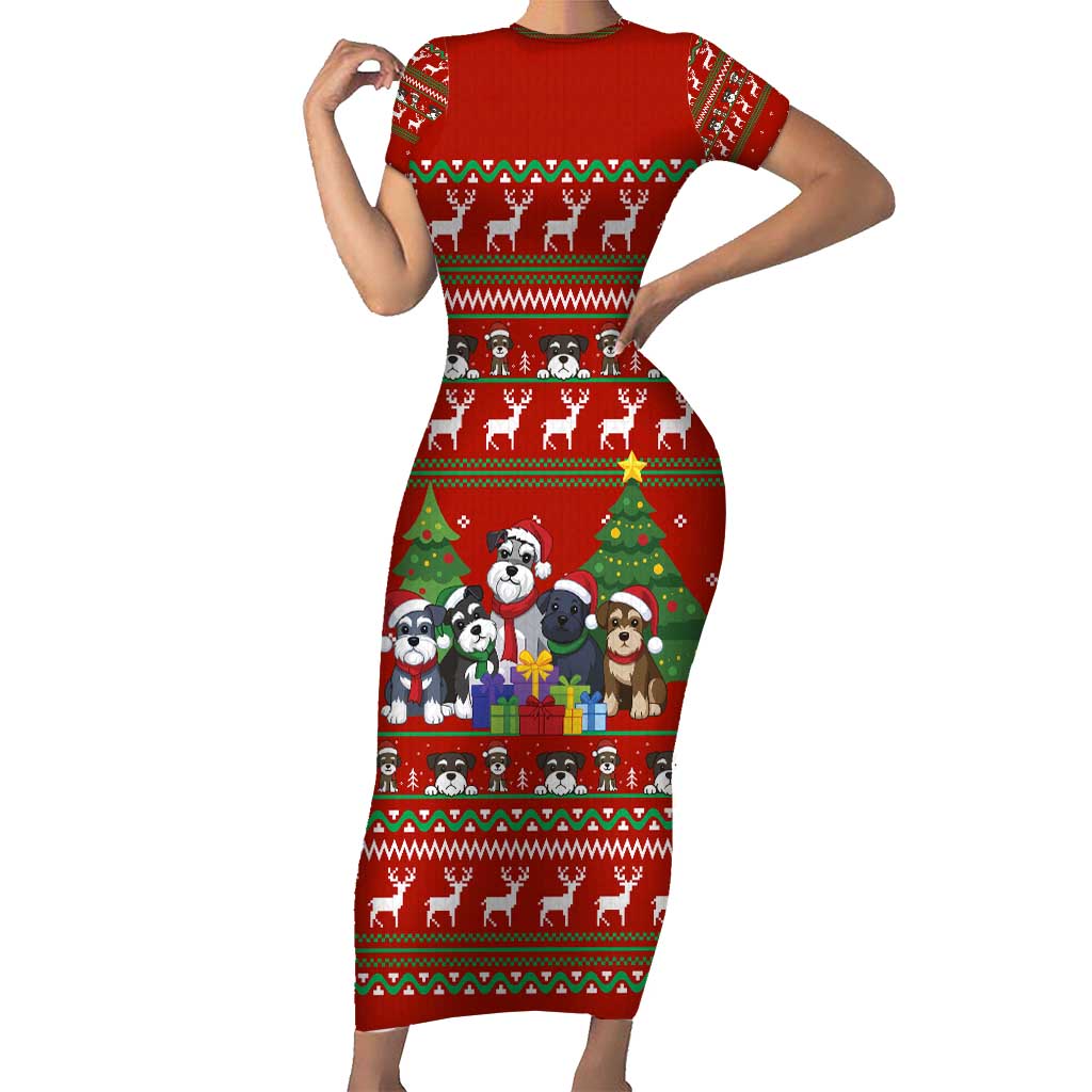 Miniature Schnauzer Family Snow Christmas Family Matching Short Sleeve Bodycon Dress and Hawaiian Shirt Xmas Holiday Patterns - Wonder Print Shop