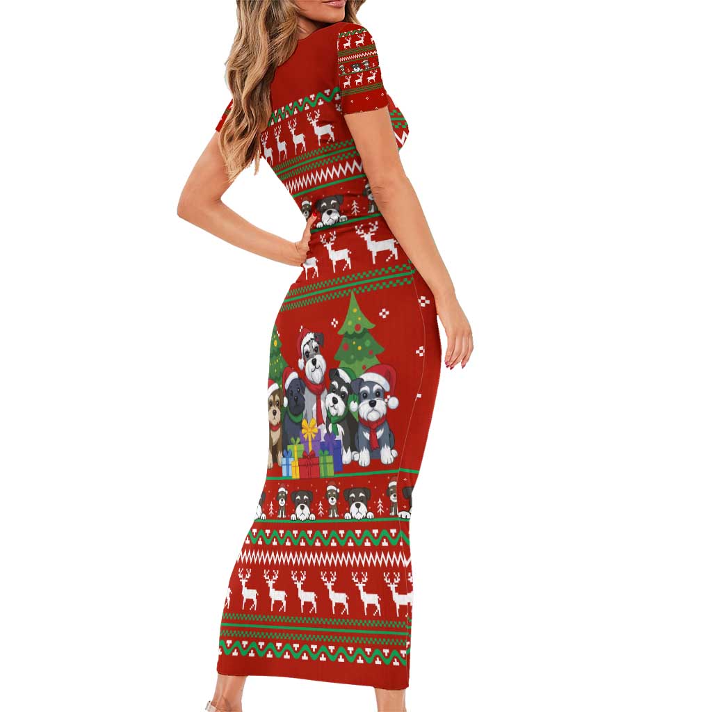 Miniature Schnauzer Family Snow Christmas Family Matching Short Sleeve Bodycon Dress and Hawaiian Shirt Xmas Holiday Patterns - Wonder Print Shop