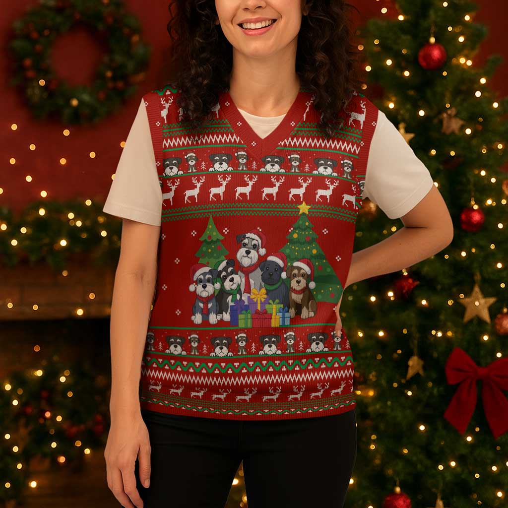 Miniature Schnauzer Family Snow Christmas Knitted V-Neck Vest Xmas Holiday Patterns - Wonder Print Shop