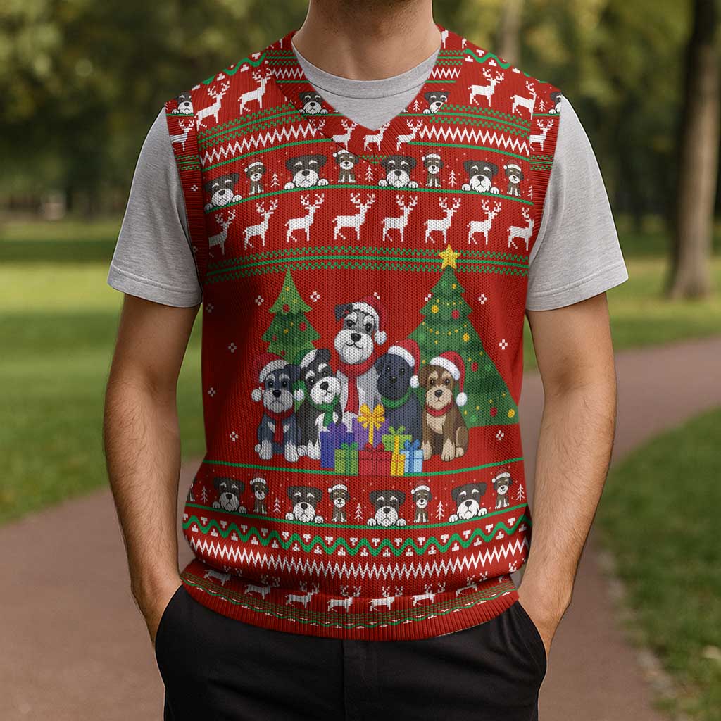 Miniature Schnauzer Family Snow Christmas Knitted V-Neck Vest Xmas Holiday Patterns - Wonder Print Shop