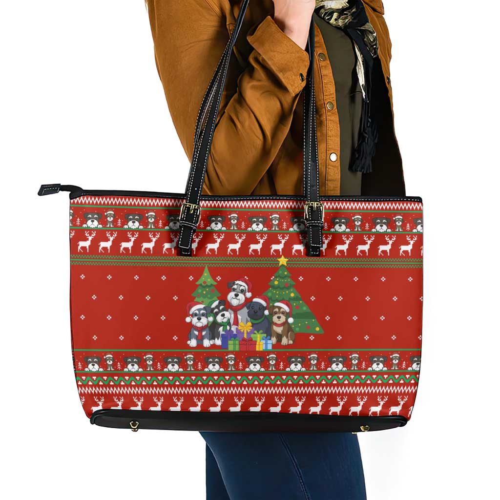 Miniature Schnauzer Family Snow Christmas Leather Tote Bag Xmas Holiday Patterns - Wonder Print Shop