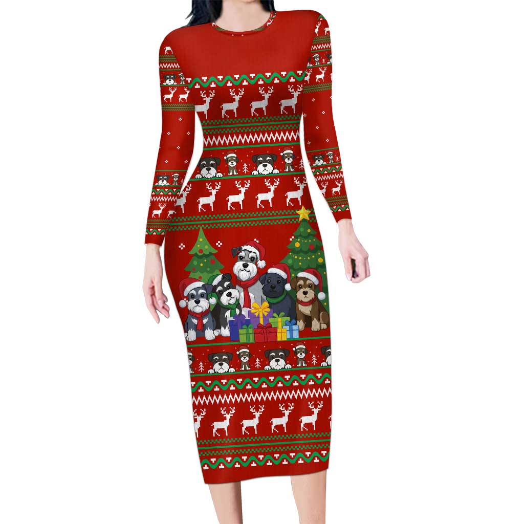 Miniature Schnauzer Family Snow Christmas Long Sleeve Bodycon Dress Xmas Holiday Patterns - Wonder Print Shop
