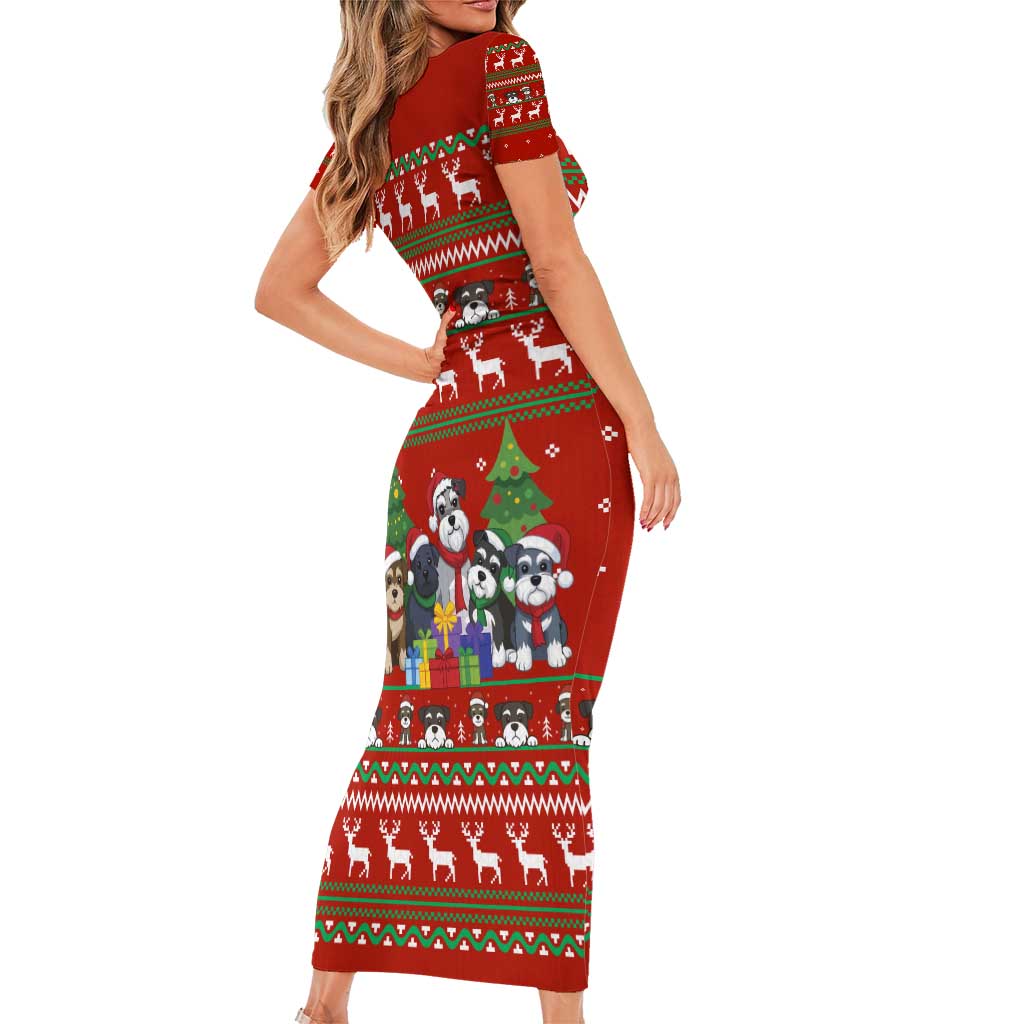 Miniature Schnauzer Family Snow Christmas Short Sleeve Bodycon Dress Xmas Holiday Patterns - Wonder Print Shop