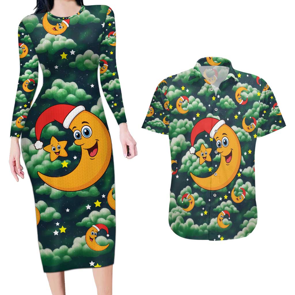 Christmas Moon and Star Couples Matching Long Sleeve Bodycon Dress and Hawaiian Shirt Xmas Holiday Patterns - Wonder Print Shop