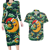 Christmas Moon and Star Couples Matching Long Sleeve Bodycon Dress and Hawaiian Shirt Xmas Holiday Patterns - Wonder Print Shop