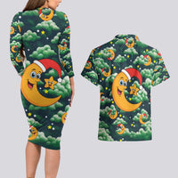 Christmas Moon and Star Couples Matching Long Sleeve Bodycon Dress and Hawaiian Shirt Xmas Holiday Patterns - Wonder Print Shop