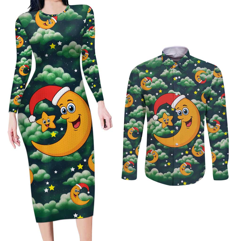 Christmas Moon and Star Couples Matching Long Sleeve Bodycon Dress and Long Sleeve Button Shirt Xmas Holiday Patterns - Wonder Print Shop