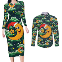 Christmas Moon and Star Couples Matching Long Sleeve Bodycon Dress and Long Sleeve Button Shirt Xmas Holiday Patterns - Wonder Print Shop