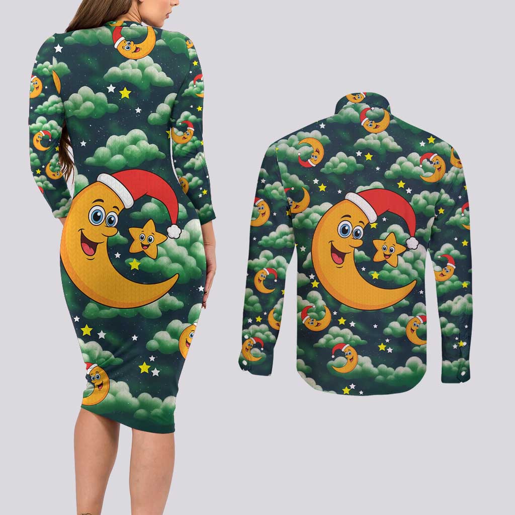 Christmas Moon and Star Couples Matching Long Sleeve Bodycon Dress and Long Sleeve Button Shirt Xmas Holiday Patterns - Wonder Print Shop