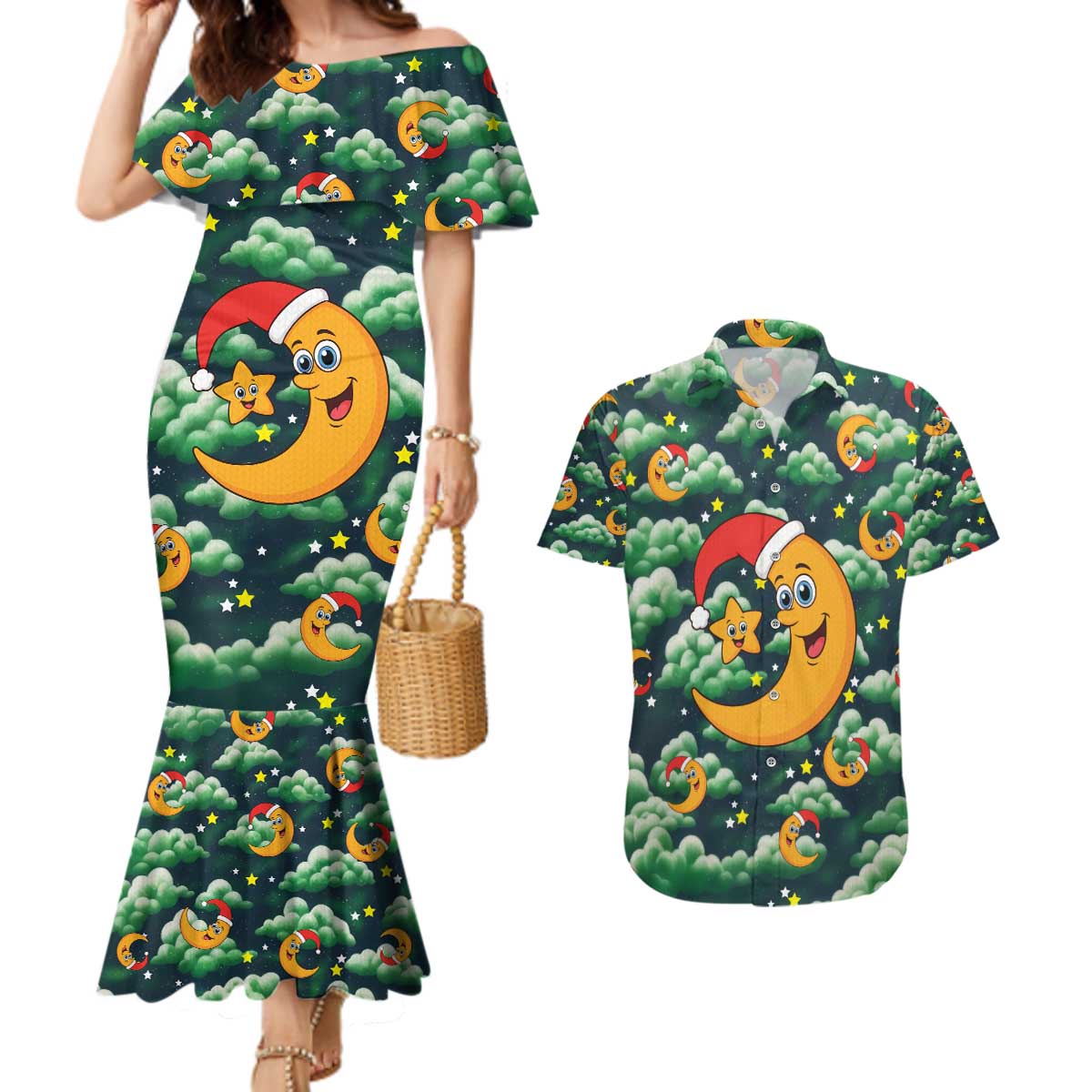 Christmas Moon and Star Couples Matching Mermaid Dress and Hawaiian Shirt Xmas Holiday Patterns - Wonder Print Shop