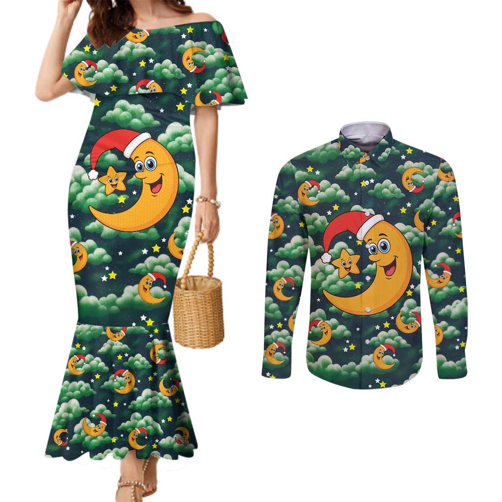 Christmas Moon and Star Couples Matching Mermaid Dress and Long Sleeve Button Shirt Xmas Holiday Patterns - Wonder Print Shop