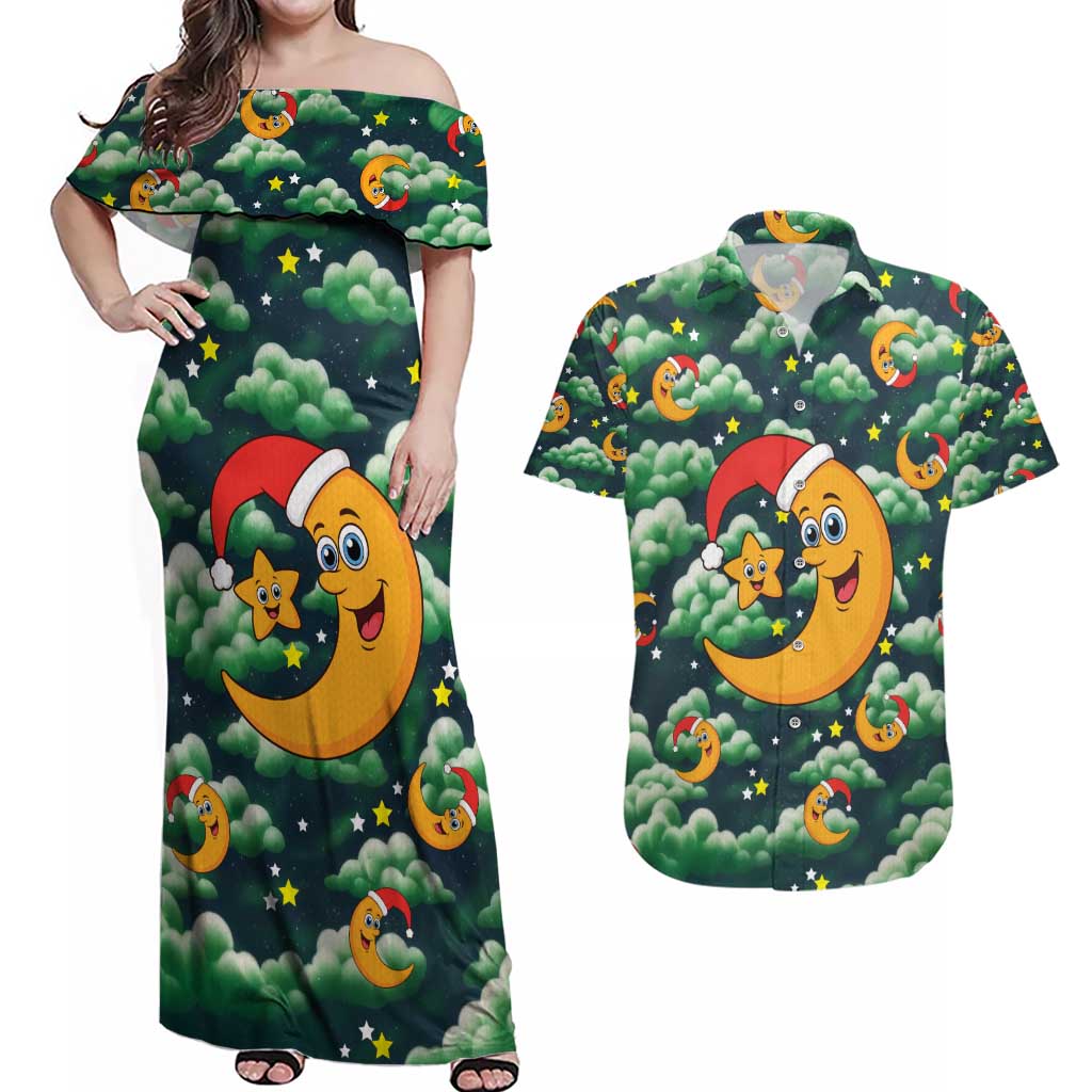 Christmas Moon and Star Couples Matching Off Shoulder Maxi Dress and Hawaiian Shirt Xmas Holiday Patterns - Wonder Print Shop