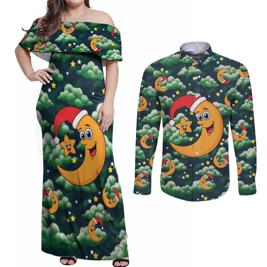 Christmas Moon and Star Couples Matching Off Shoulder Maxi Dress and Long Sleeve Button Shirt Xmas Holiday Patterns - Wonder Print Shop