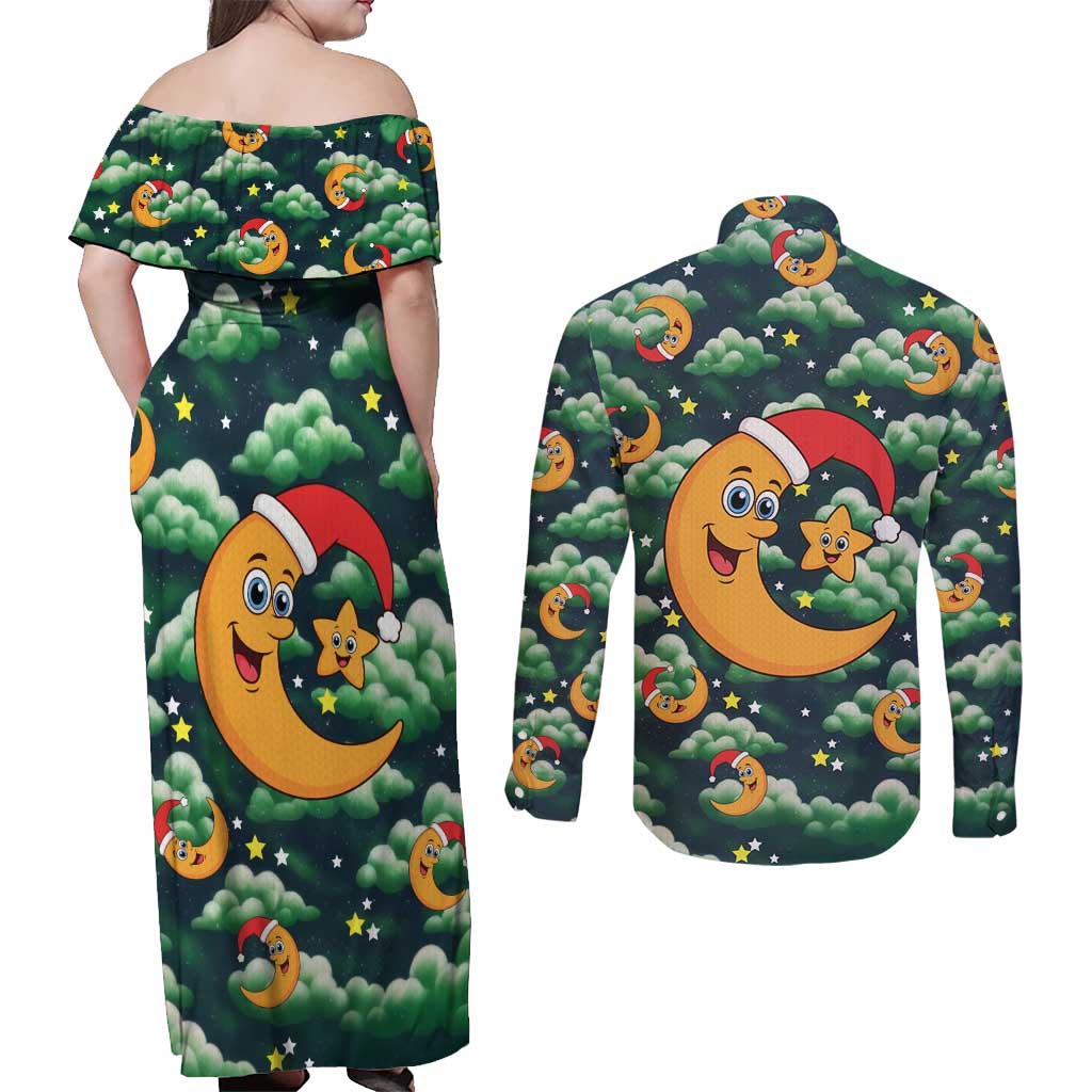 Christmas Moon and Star Couples Matching Off Shoulder Maxi Dress and Long Sleeve Button Shirt Xmas Holiday Patterns - Wonder Print Shop
