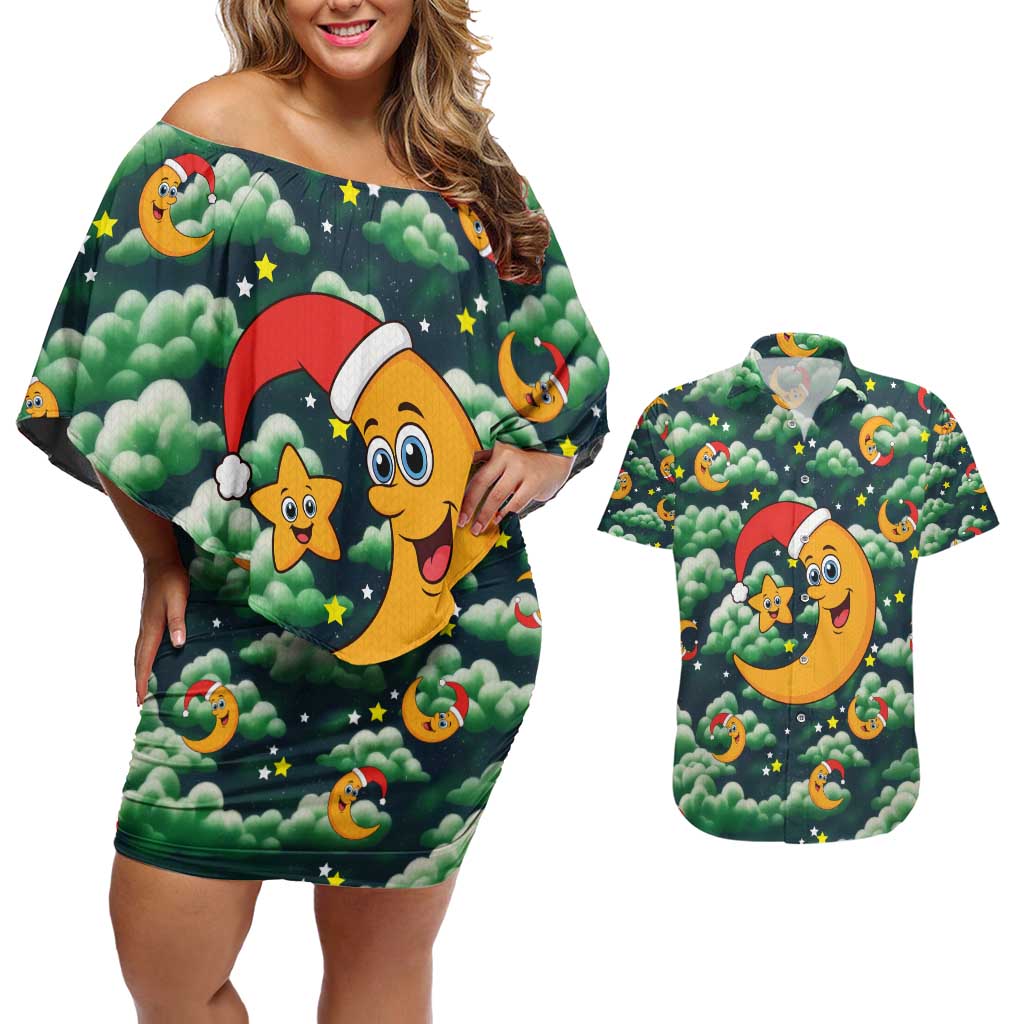 Christmas Moon and Star Couples Matching Off Shoulder Short Dress and Hawaiian Shirt Xmas Holiday Patterns - Wonder Print Shop