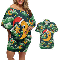 Christmas Moon and Star Couples Matching Off Shoulder Short Dress and Hawaiian Shirt Xmas Holiday Patterns - Wonder Print Shop