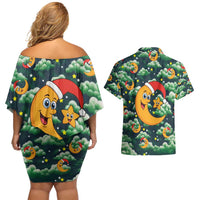 Christmas Moon and Star Couples Matching Off Shoulder Short Dress and Hawaiian Shirt Xmas Holiday Patterns - Wonder Print Shop