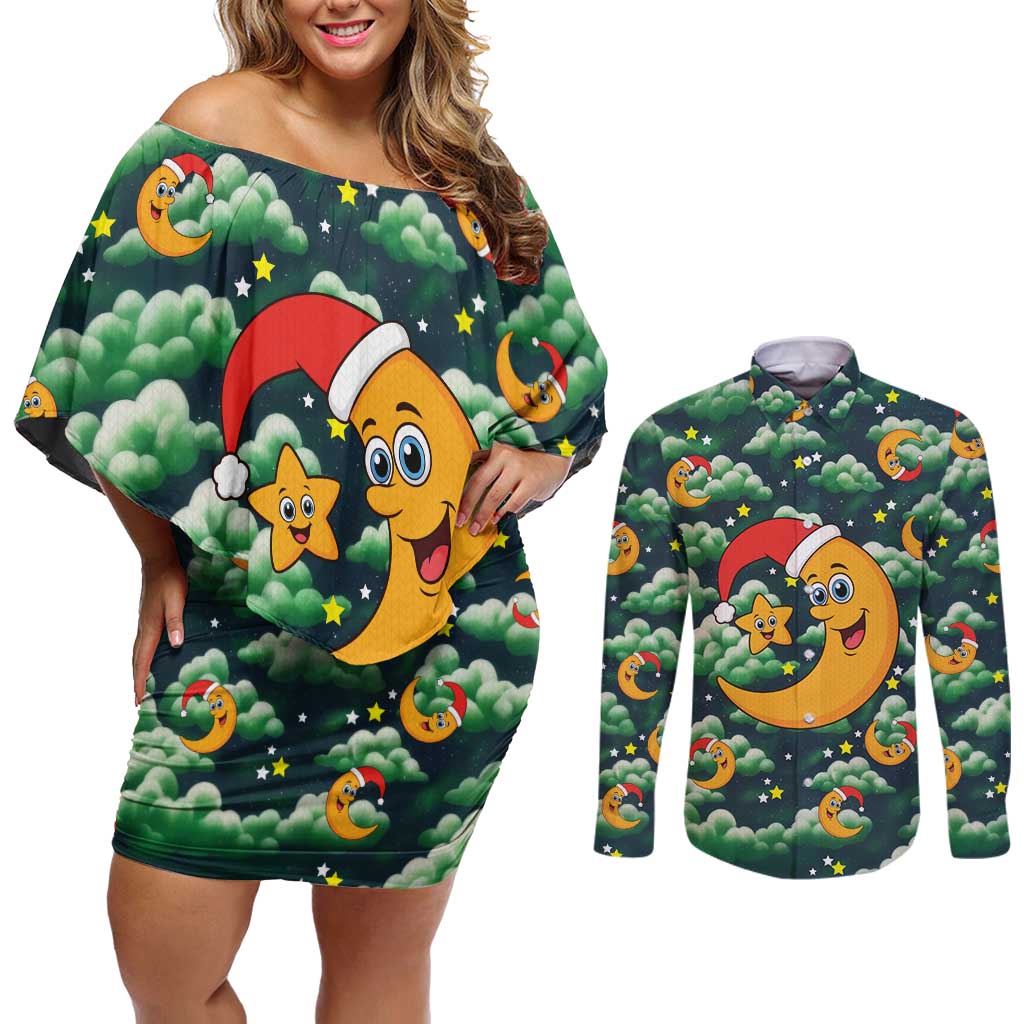 Christmas Moon and Star Couples Matching Off Shoulder Short Dress and Long Sleeve Button Shirt Xmas Holiday Patterns - Wonder Print Shop