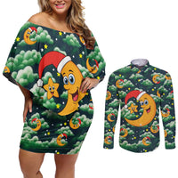 Christmas Moon and Star Couples Matching Off Shoulder Short Dress and Long Sleeve Button Shirt Xmas Holiday Patterns - Wonder Print Shop