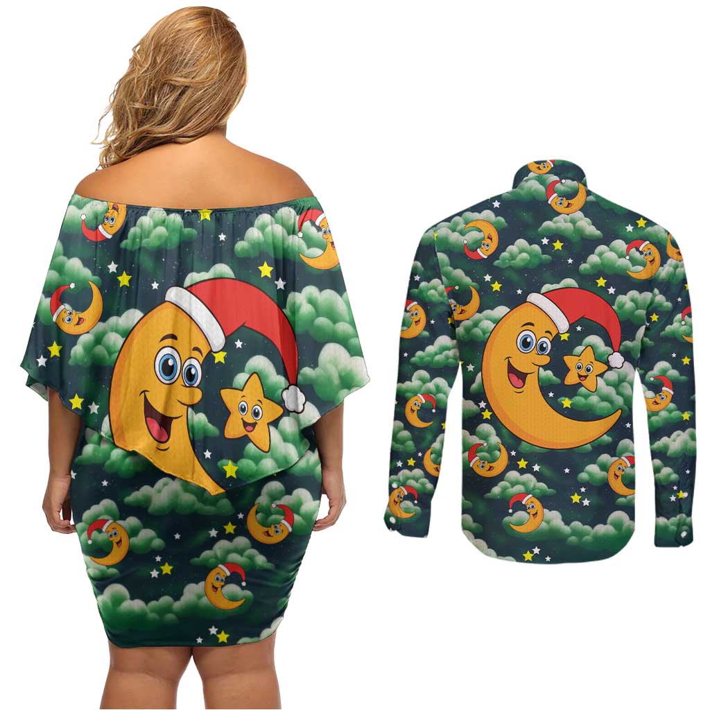 Christmas Moon and Star Couples Matching Off Shoulder Short Dress and Long Sleeve Button Shirt Xmas Holiday Patterns - Wonder Print Shop