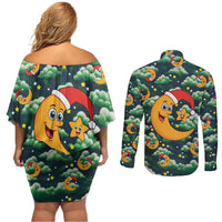 Christmas Moon and Star Couples Matching Off Shoulder Short Dress and Long Sleeve Button Shirt Xmas Holiday Patterns - Wonder Print Shop