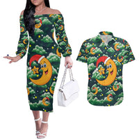 Christmas Moon and Star Couples Matching Off The Shoulder Long Sleeve Dress and Hawaiian Shirt Xmas Holiday Patterns - Wonder Print Shop