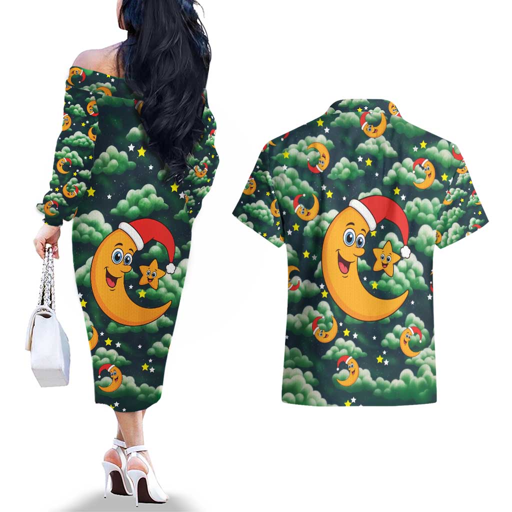 Christmas Moon and Star Couples Matching Off The Shoulder Long Sleeve Dress and Hawaiian Shirt Xmas Holiday Patterns - Wonder Print Shop