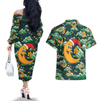 Christmas Moon and Star Couples Matching Off The Shoulder Long Sleeve Dress and Hawaiian Shirt Xmas Holiday Patterns - Wonder Print Shop