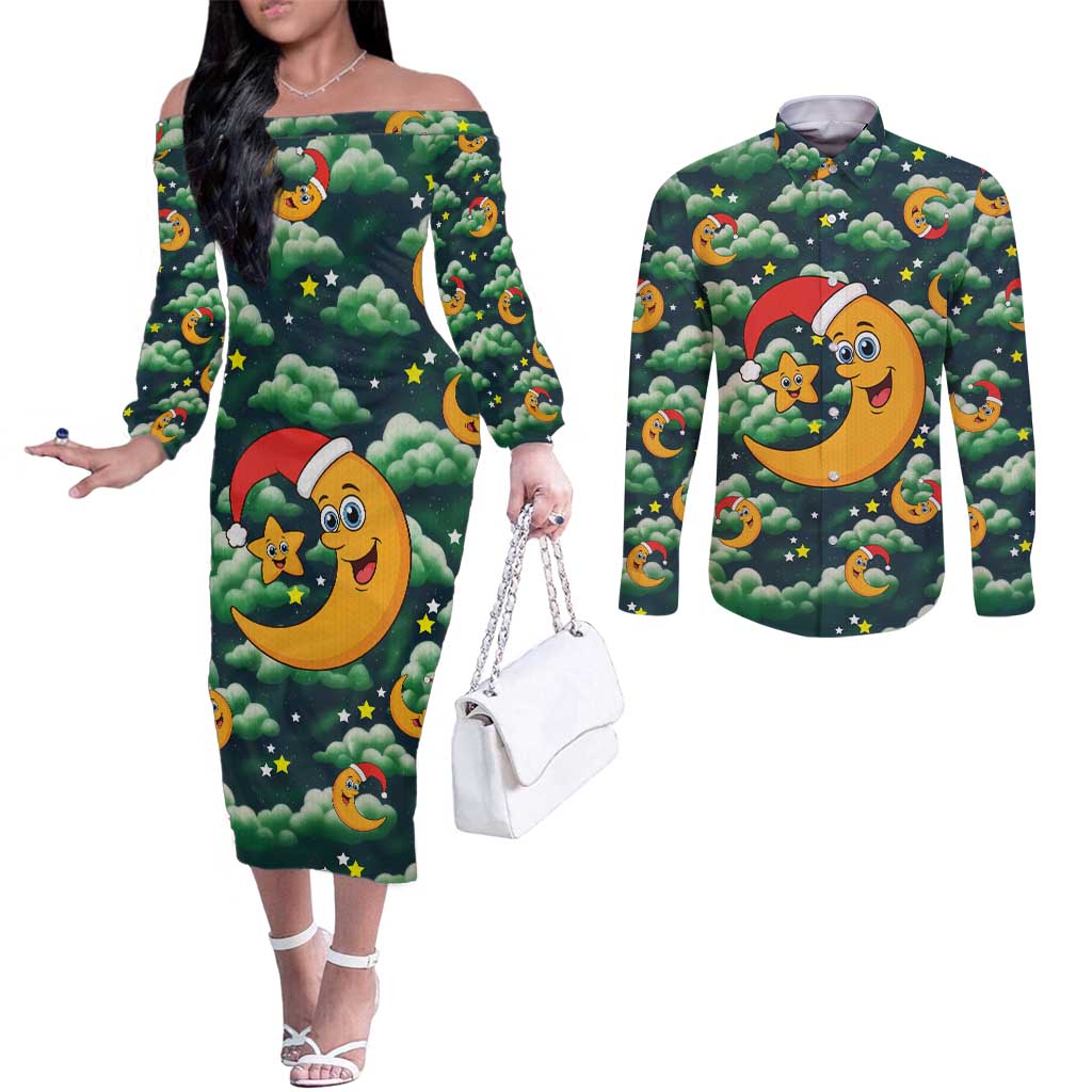 Christmas Moon and Star Couples Matching Off The Shoulder Long Sleeve Dress and Long Sleeve Button Shirt Xmas Holiday Patterns - Wonder Print Shop