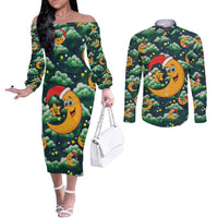 Christmas Moon and Star Couples Matching Off The Shoulder Long Sleeve Dress and Long Sleeve Button Shirt Xmas Holiday Patterns - Wonder Print Shop