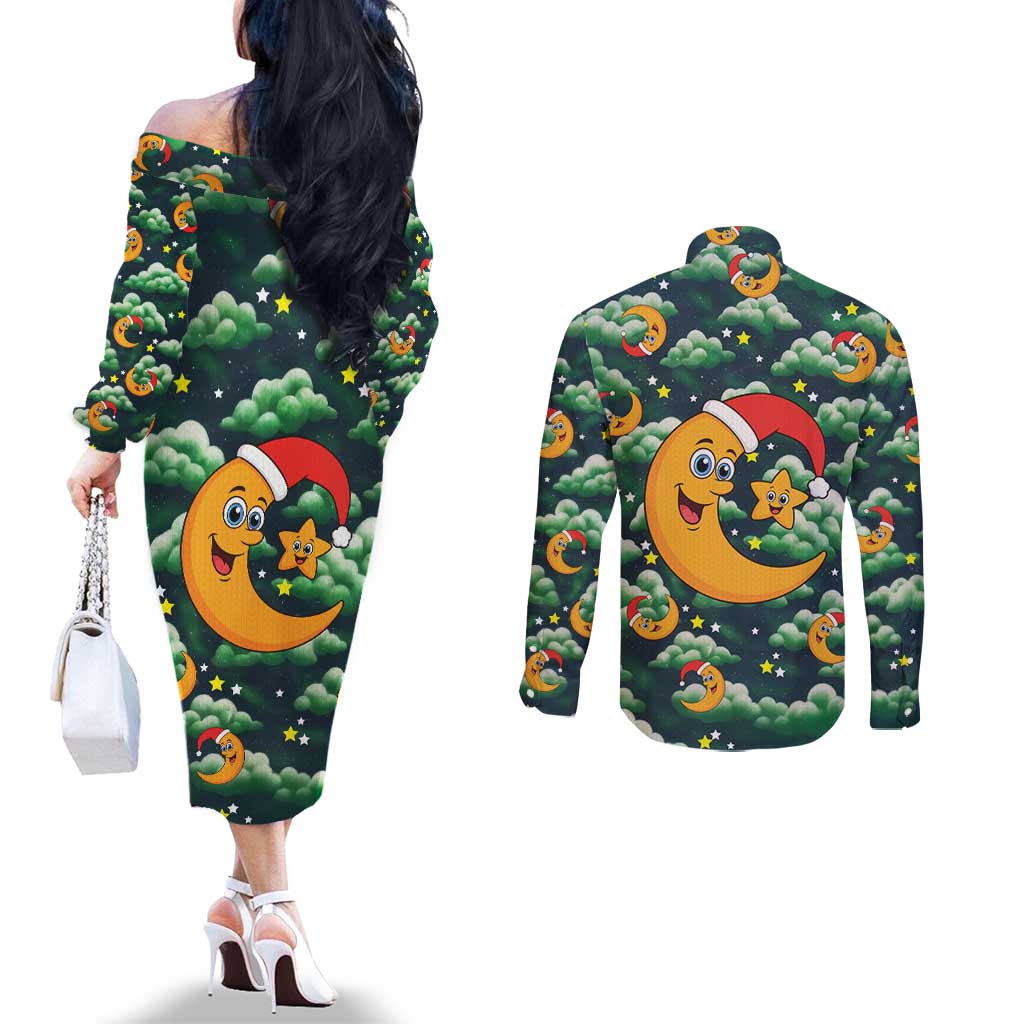 Christmas Moon and Star Couples Matching Off The Shoulder Long Sleeve Dress and Long Sleeve Button Shirt Xmas Holiday Patterns - Wonder Print Shop