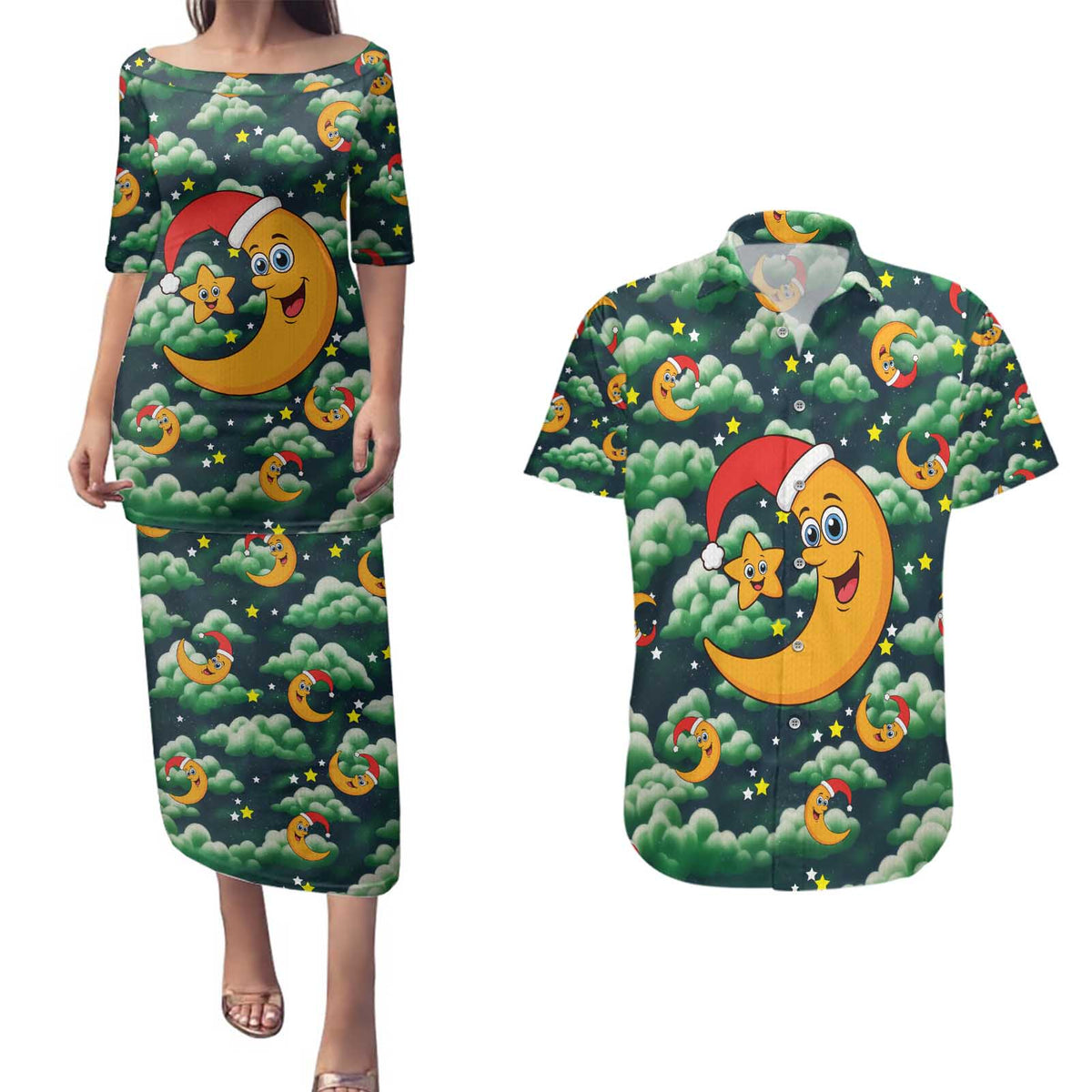 Christmas Moon and Star Couples Matching Puletasi and Hawaiian Shirt Xmas Holiday Patterns - Wonder Print Shop