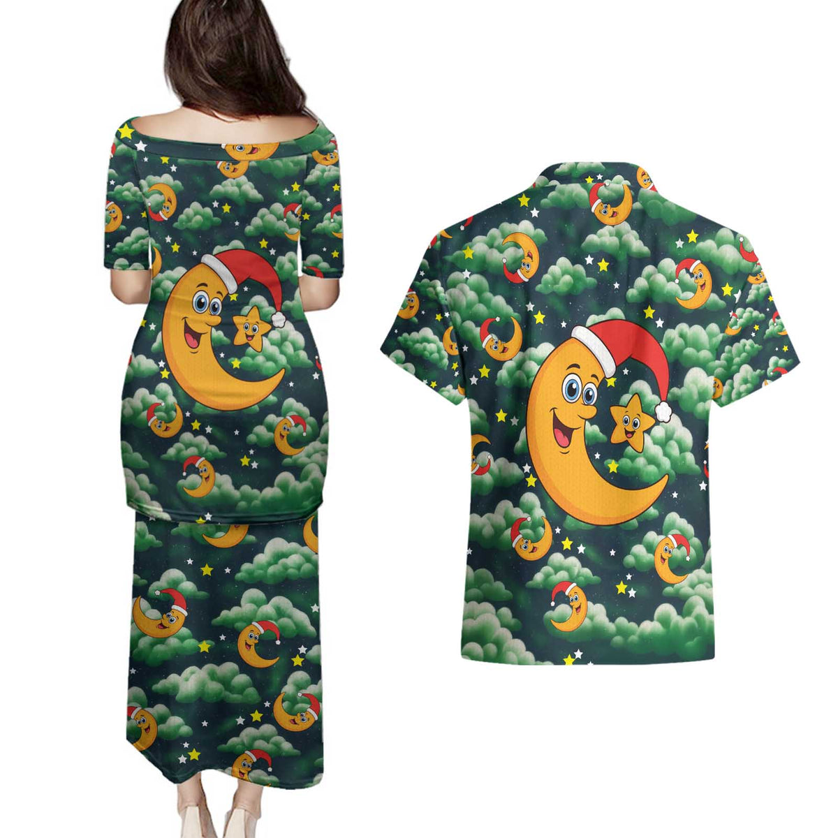 Christmas Moon and Star Couples Matching Puletasi and Hawaiian Shirt Xmas Holiday Patterns - Wonder Print Shop