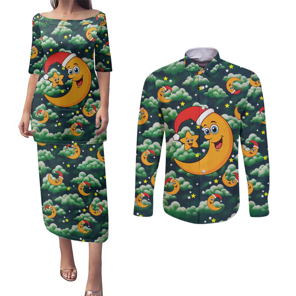 Christmas Moon and Star Couples Matching Puletasi and Long Sleeve Button Shirt Xmas Holiday Patterns - Wonder Print Shop