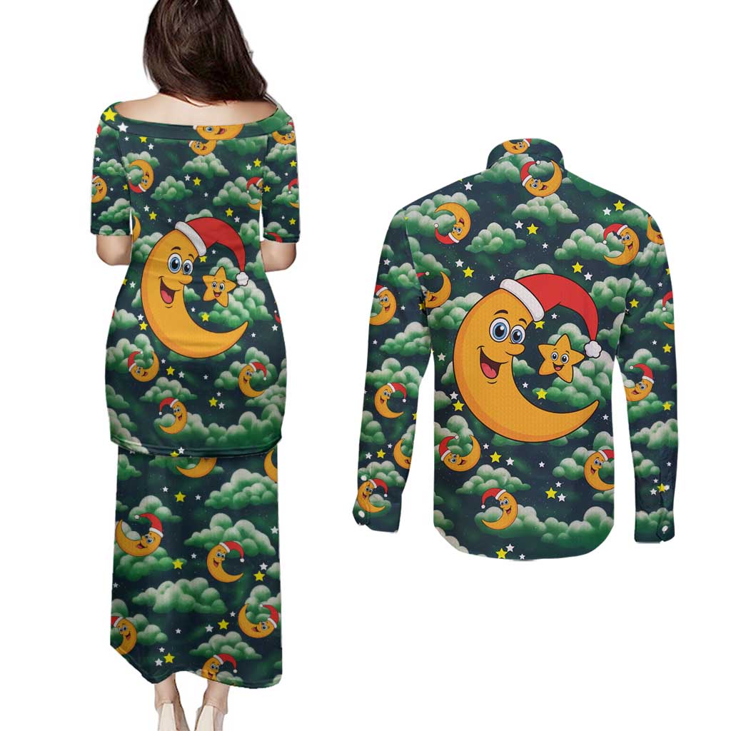 Christmas Moon and Star Couples Matching Puletasi and Long Sleeve Button Shirt Xmas Holiday Patterns - Wonder Print Shop