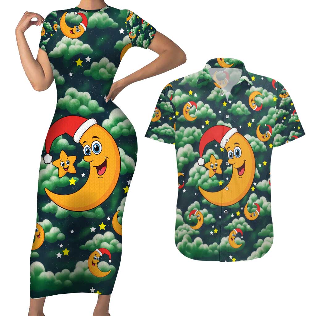 Christmas Moon and Star Couples Matching Short Sleeve Bodycon Dress and Hawaiian Shirt Xmas Holiday Patterns - Wonder Print Shop